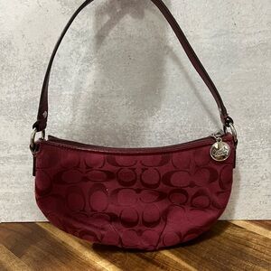 Y2K Coach Signature Canvas Maroon Leather Trim Mini Shoulder Bag Purse